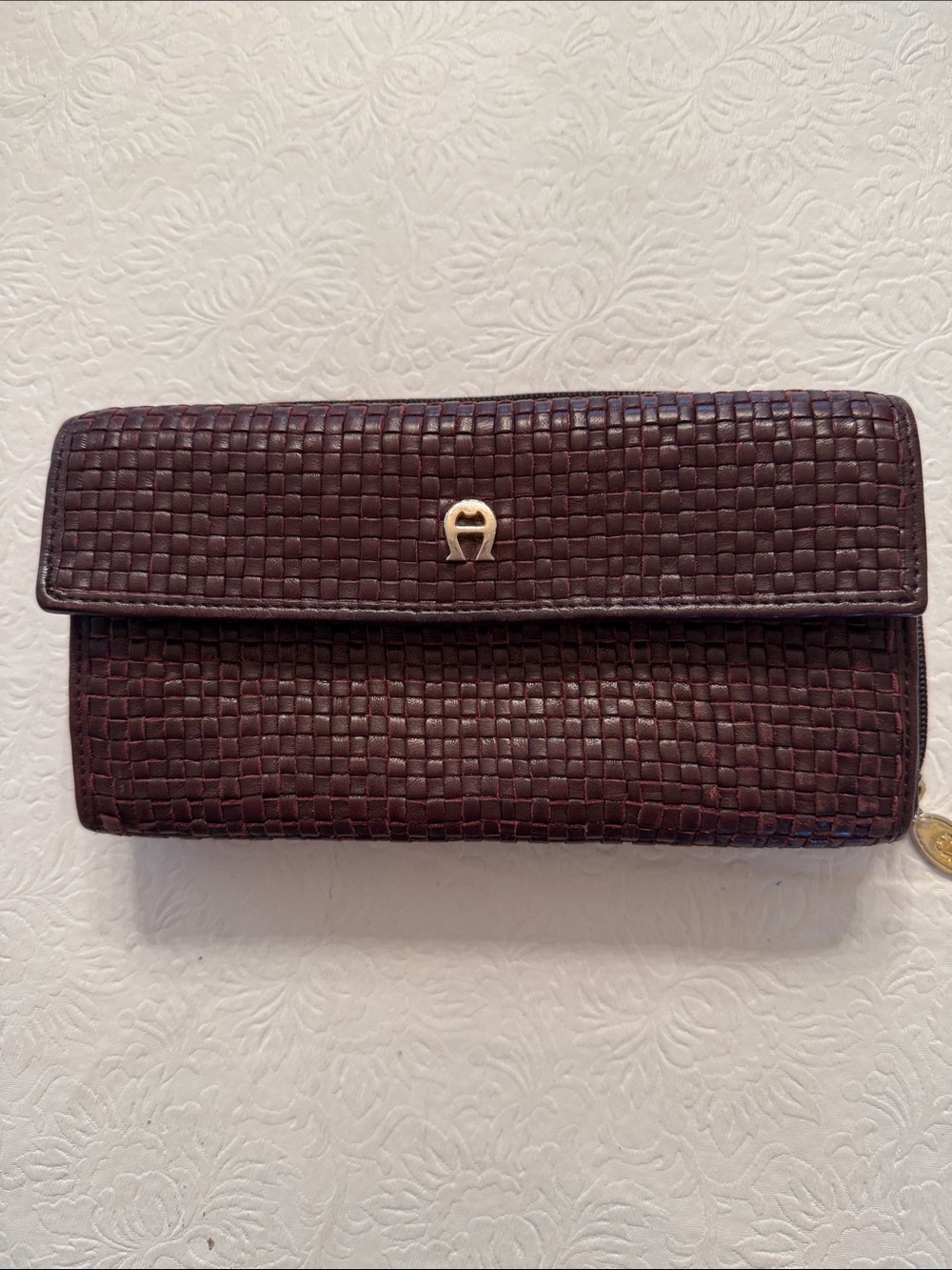 Etienne Aigner Woven Leather Wallet - Dark Burgundy with Gold Logo